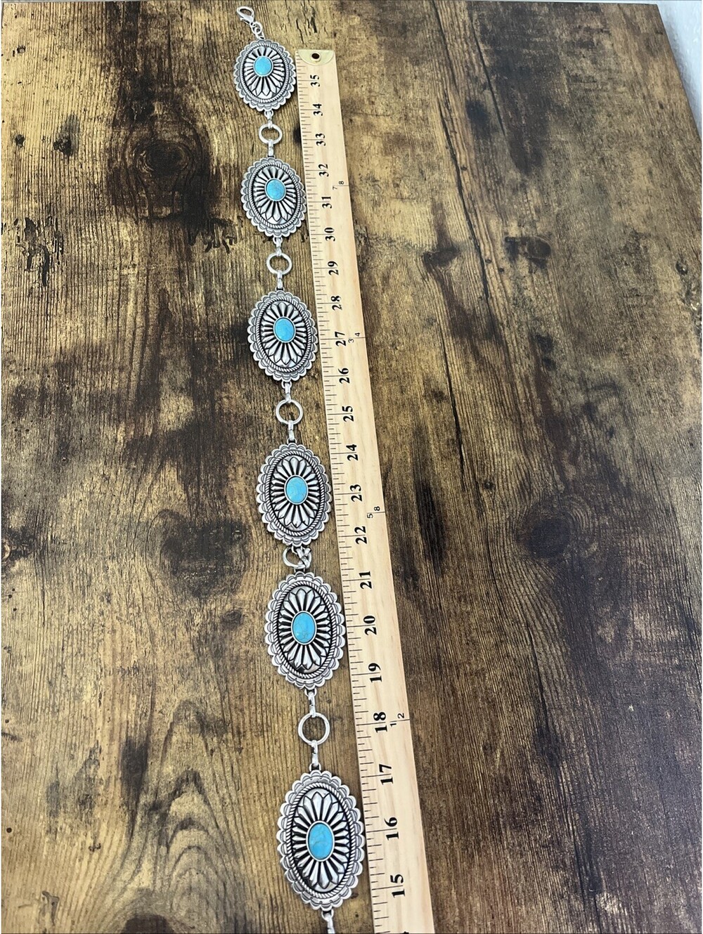 Ariat Women’s Oval Turquoise Concho Chain Belt  Adjustable 36” Southwest Style - Picture 4 of 4